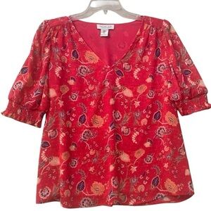 Rachel Zoe Red Floral Clip Dot V-Neck Puff‎ Sleeve Smocked Blouse Womens Medium
